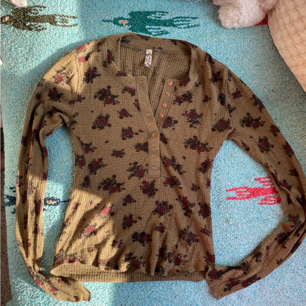 Free People Intimately One of the Girls Floral Olive Button Up Henley